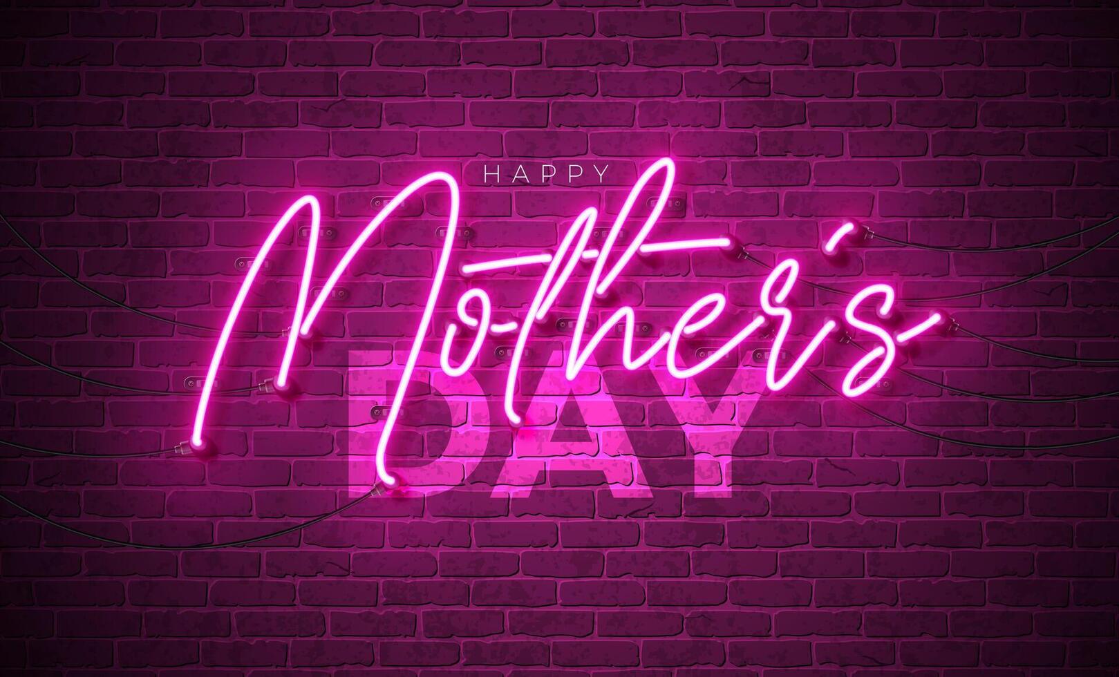 Happy Mother's Day Greeting Card Design with Glowing Neon Light Typography Lettering on Brick Wall Background. Mother Day Illustration for Postcard, Banner, Flyer, Brochure, Poster. vector