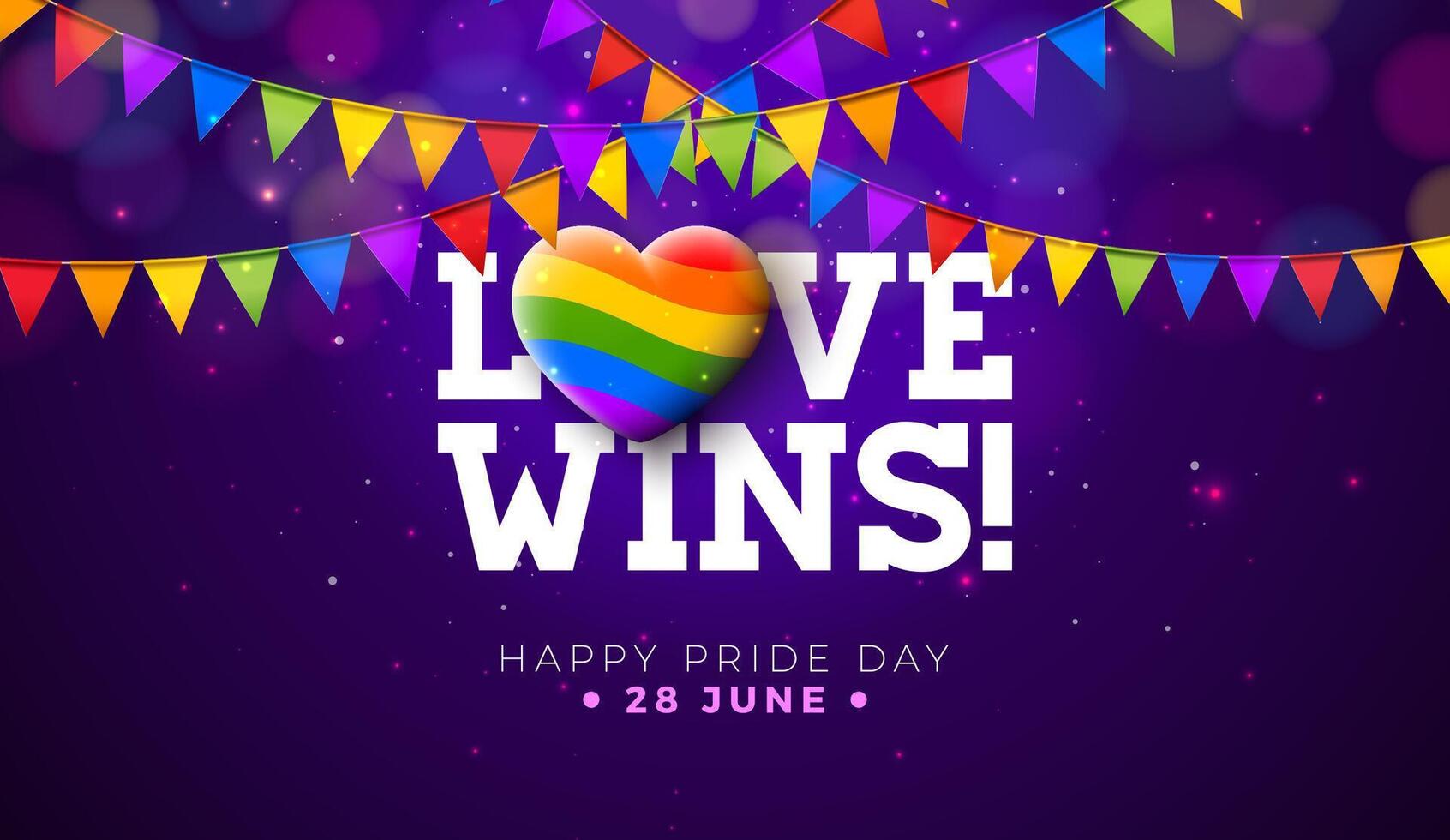 Love Wins. Happy Pride Day LGBTQ Illustration with Rainbow Heart and Colorful Party Flag on Purple Background. 28 June Love is Love Human Rights or Diversity Concept. LGBT Event Banner Design vector