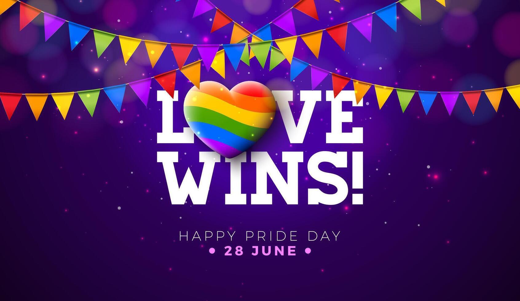 amor gana contento orgullo día lgbtq ilustración con arco iris corazón y vistoso fiesta bandera en púrpura antecedentes. 28 junio amor es amor humano derechos o diversidad concepto. lgbt evento bandera diseño vector