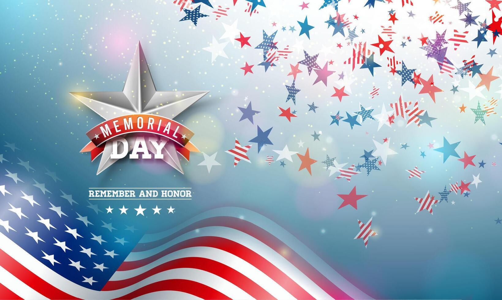 Memorial Day of the USA Illustration Template with American Flag on Falling Colorful Star Background. National Patriotic Celebration Design for Banner, Flyer, Greeting Card or Holiday Poster. vector