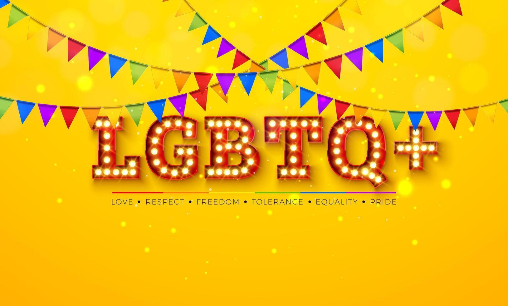 lgbtq orgullo mes ilustración con brillante ligero bulbo letras y arco iris color fiesta bandera en amarillo antecedentes. amor es amor humano derechos o diversidad concepto. lgbt evento bandera vector