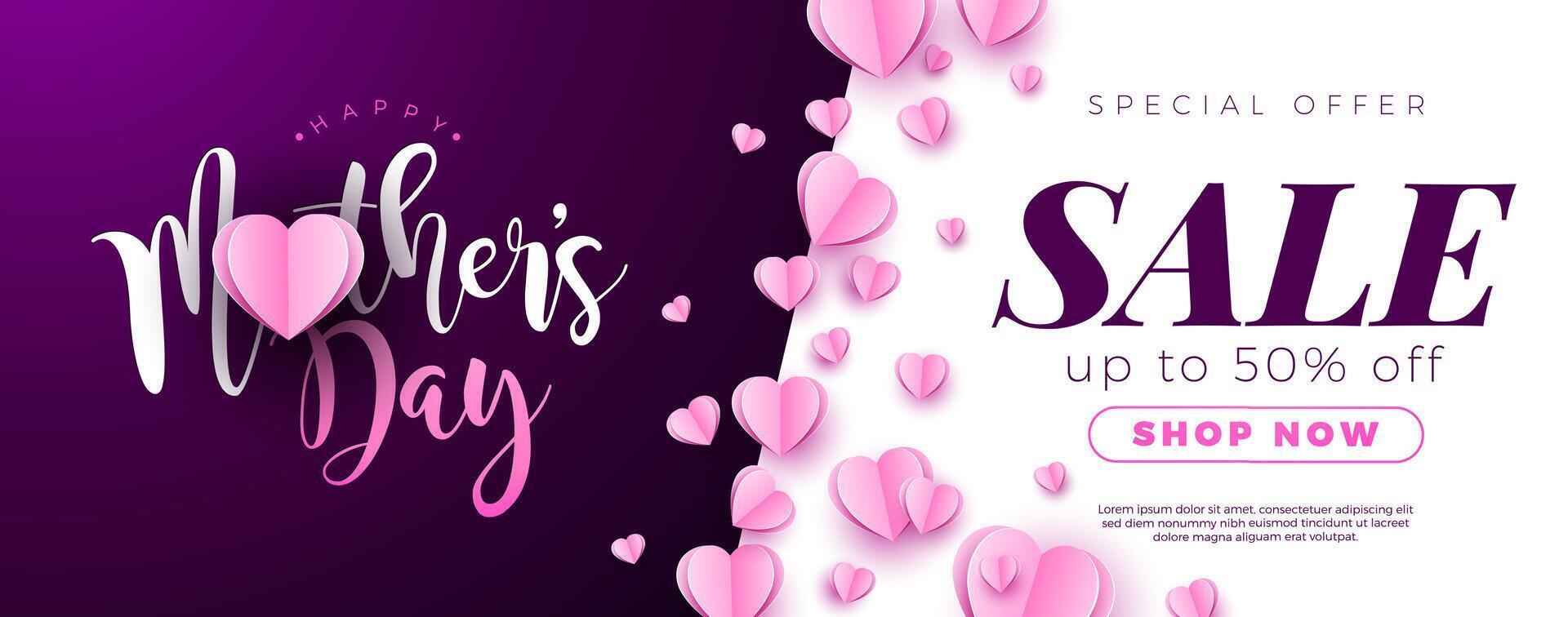 Mother's Day Sale Banner Design with Paper Hearts and Typography Lettering on Violette Background. Seasonal Discount Offer Illustration with Text Label for Voucher, Online Ads, Flyer vector