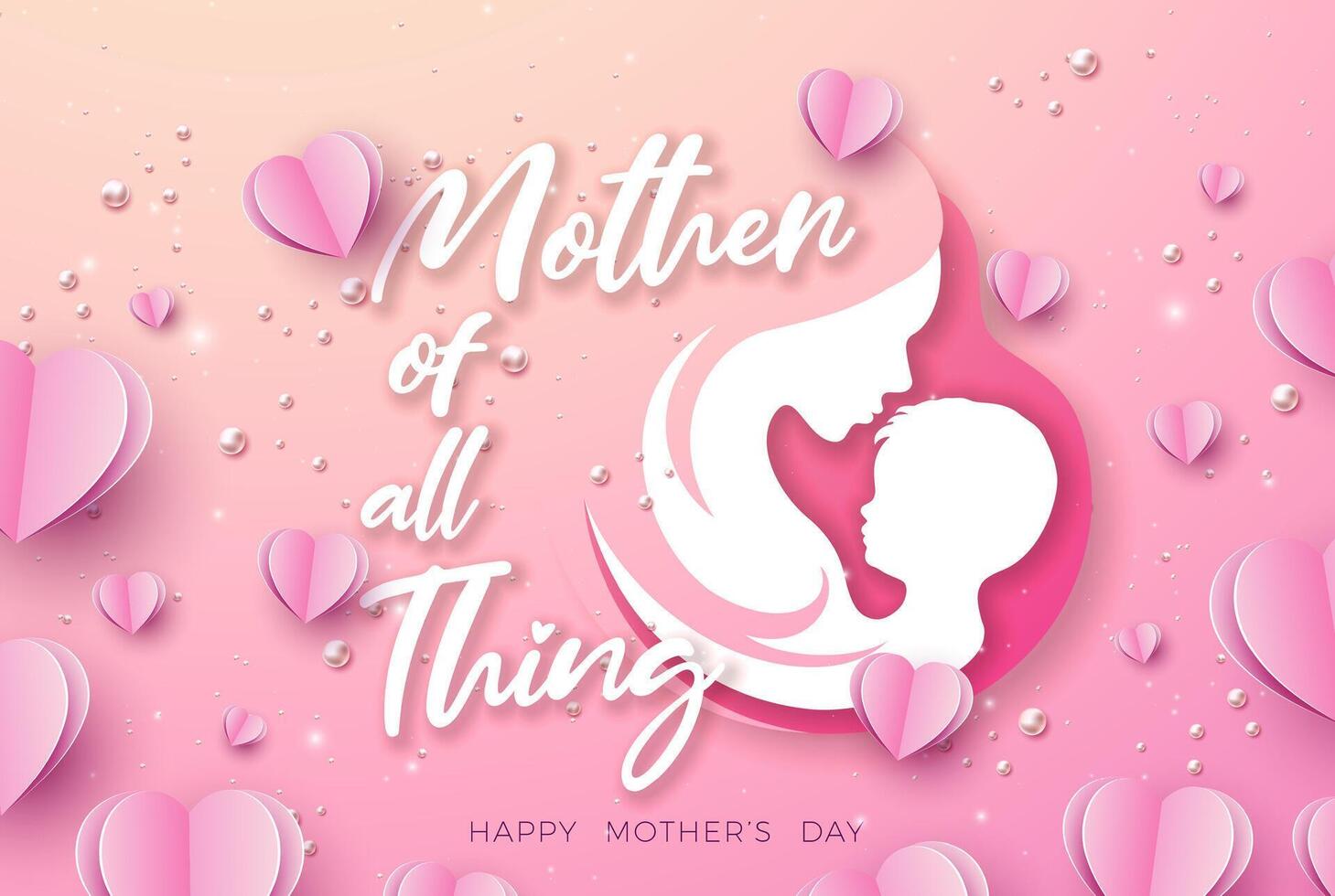 Happy Mother's Day Greeting Card Design with Paper Hearts, Woman Face and Child Silhouette on Pink Background. Mothers Day Illustration for Banner, Postcard, Flyer, Invitation, Brochure, Poster vector