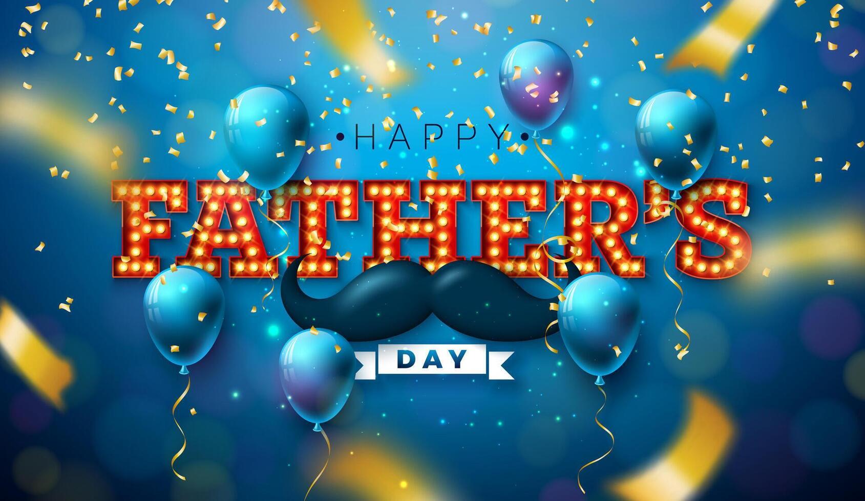 Happy Father's Day Greeting Card Design with Gold Falling Confetti, Party Balloon and Light Bulb Billboard Lettering on Blue Background. Celebration Illustration for Best Dad. Template for vector