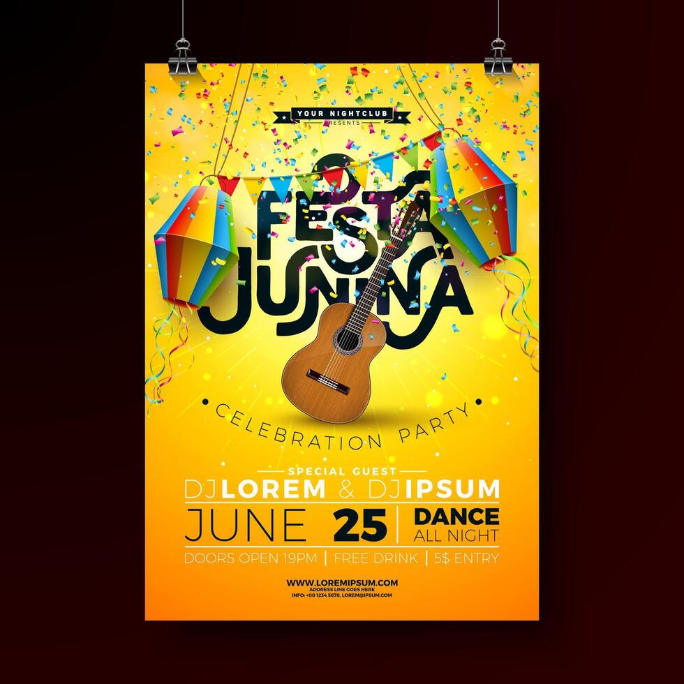 Festa Junina Party Flyer Illustration with Paper Lantern, Flags and Acoustic Guitar on Sun Yellow Background. Brazil June Sao Joao Festival Design for Invitation or Celebration Poster. vector