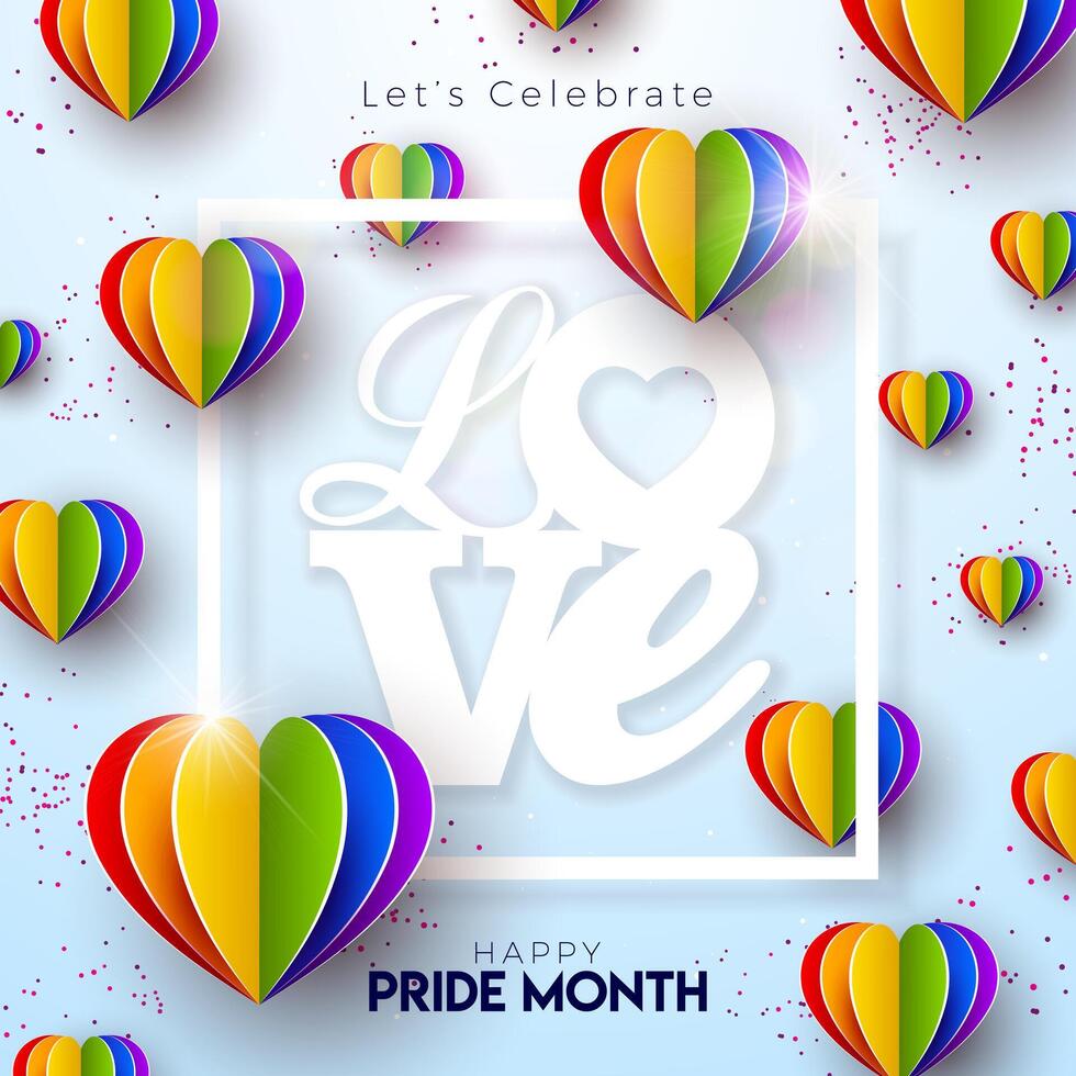 LGBTQ Pride Month Illustration with Rainbow Color Paper Hearts and Text Label on Light Blue Background. Love is Love Human Rights or Diversity Concept. LGBT Event Banner Design for Postcard vector