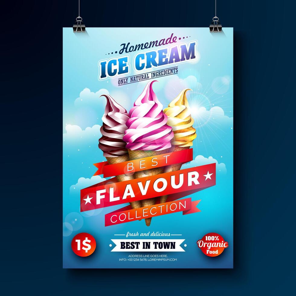 Delicious Ice Cream Flyer Design with Classic Taste Sundaes on Blue Cloudy Sky Background. Summer and Business Theme Illustration with Text Label for Postcard, Banner, Flyer, Greeting Card vector