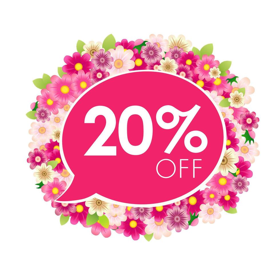 Creative advertising floral label. Up to 20 percent off discount coupon. Seasonal sale banner. Special offer web icon. Pink button. Gift card template. Price tag concept. Isolated 3 D flowers. vector