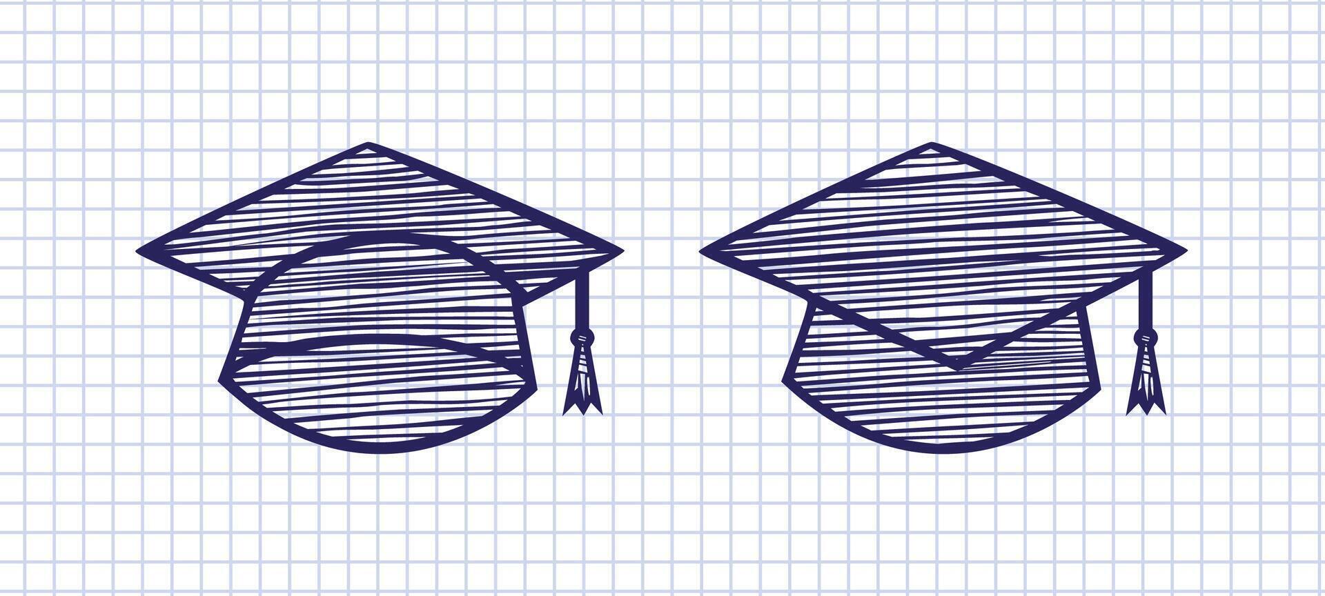 Set of creative motarboards. Handdrawn sketch design. Notebook in cells texture. Isolated graduating hats. High school graduation graphic element. Abstract concept. Pen drawing style. Academic hats. vector
