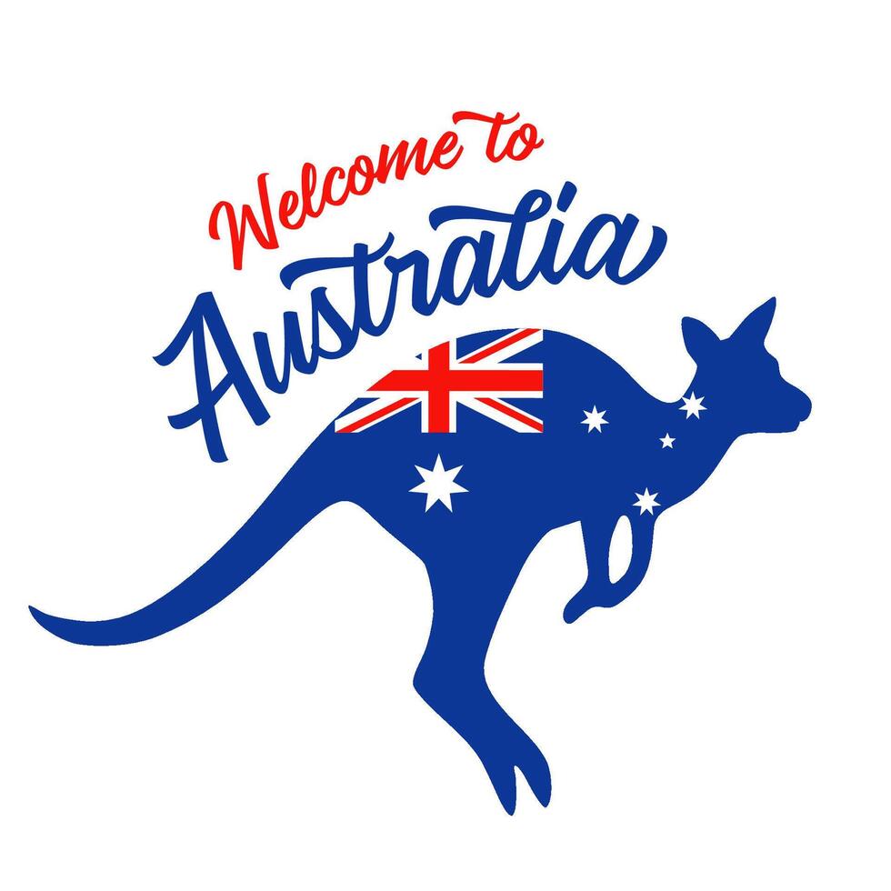 Welcome to Australia banner, invitation or ticket design. Kangaroo with flag illustration vector