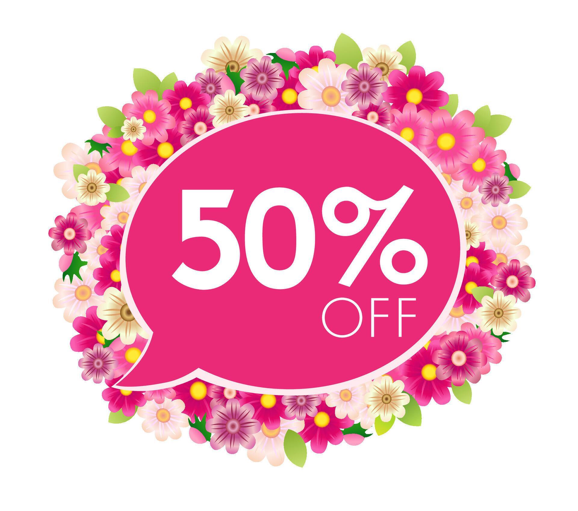 Cute sale label. Up to 50 percent off discount template. Floral pink