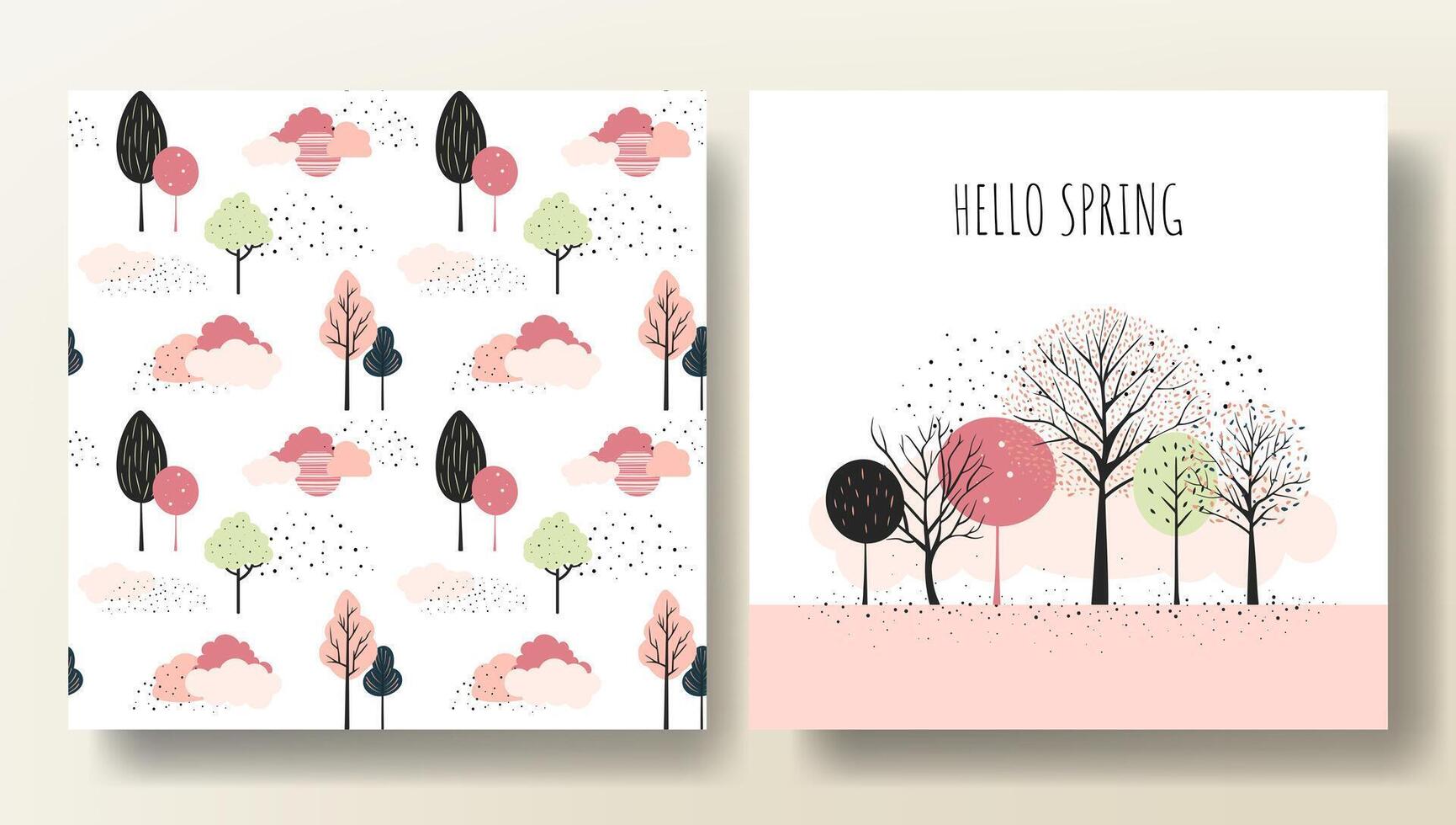 Cartoon fantasy trees composition, template. Set of spring cards with fairy trees and seamless pattern. vector