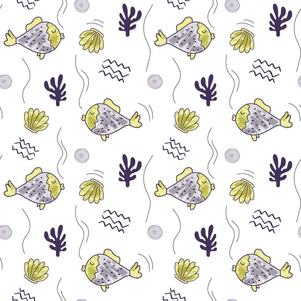 Cute simple pattern with sea doodle elements. Seamless background monochrome fish and seashells. vector