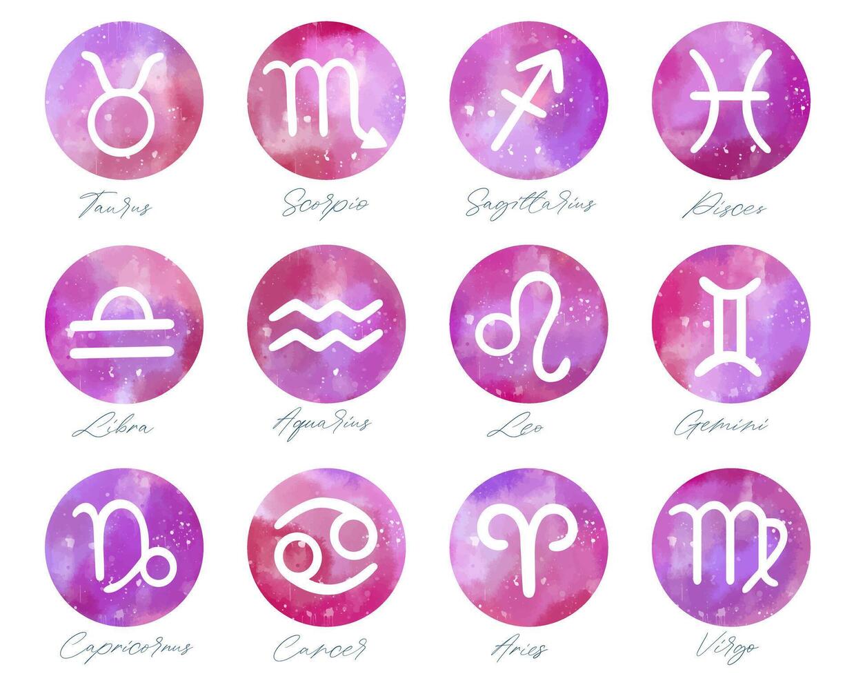 Set of hand drawn watercolor brush zodiac signs. Collection of watercolor astrology signs. vector