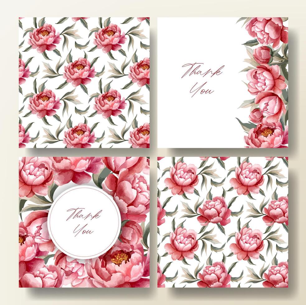 Set of greeting card and seamless pattern with watercolor peonies, wedding invitation. Peony frame. vector