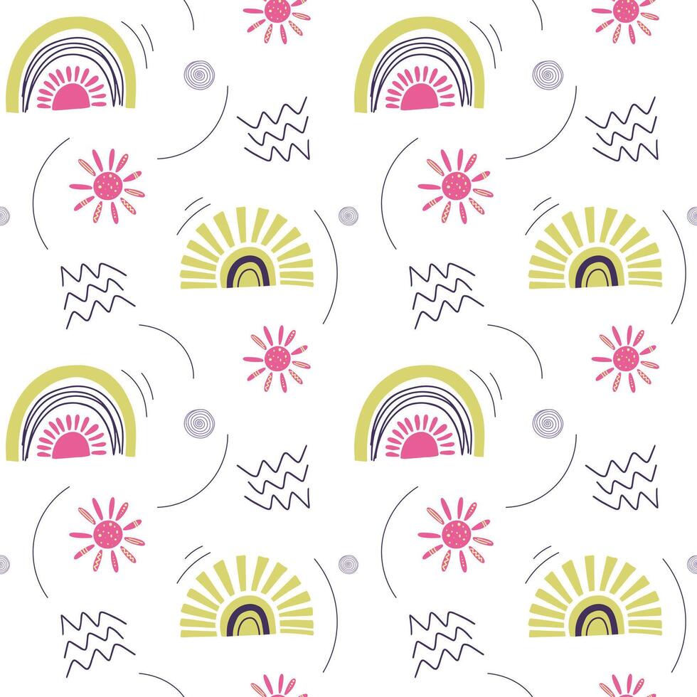 Cute simple pattern with nursery doodle elements. Seamless background with rainbow and sun. vector