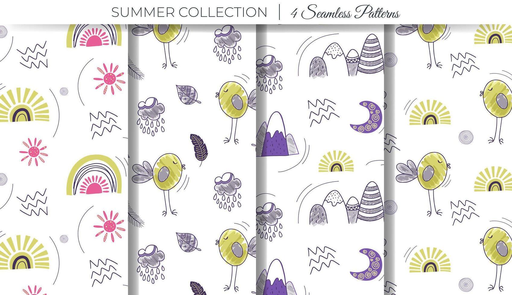 Cute simple childish patterns. Set of summer doodle backgrounds with mountains, rainbow, bird and sun. vector