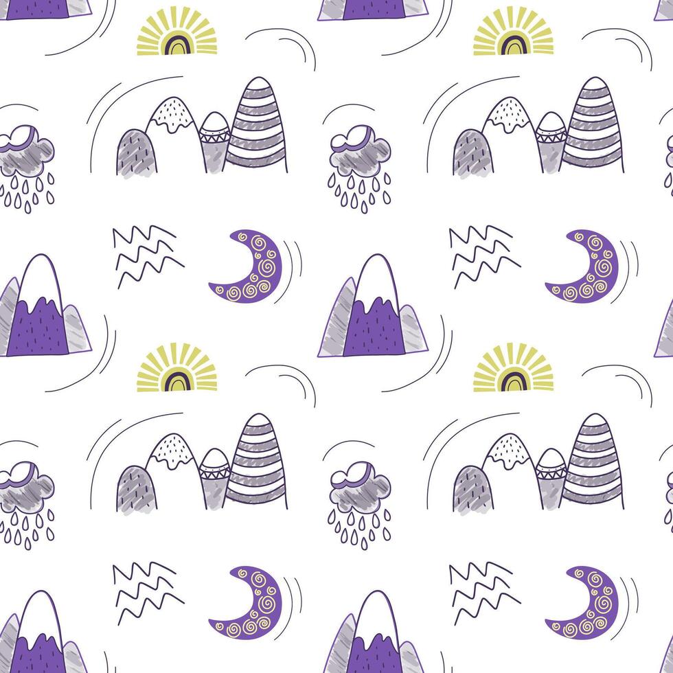 Cute simple pattern with nursery doodle elements. Seamless background with mountains and moon. vector