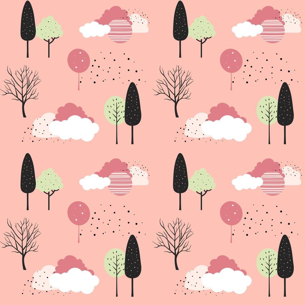 Cute fantasy seamless pattern. Scandinavian trees and clouds wallpaper. Childish background. vector