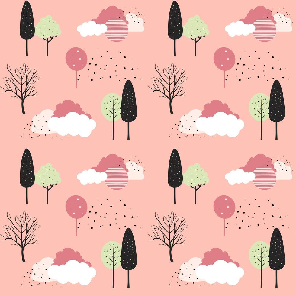 Cute fantasy seamless pattern. Scandinavian trees and clouds wallpaper. Childish background. vector