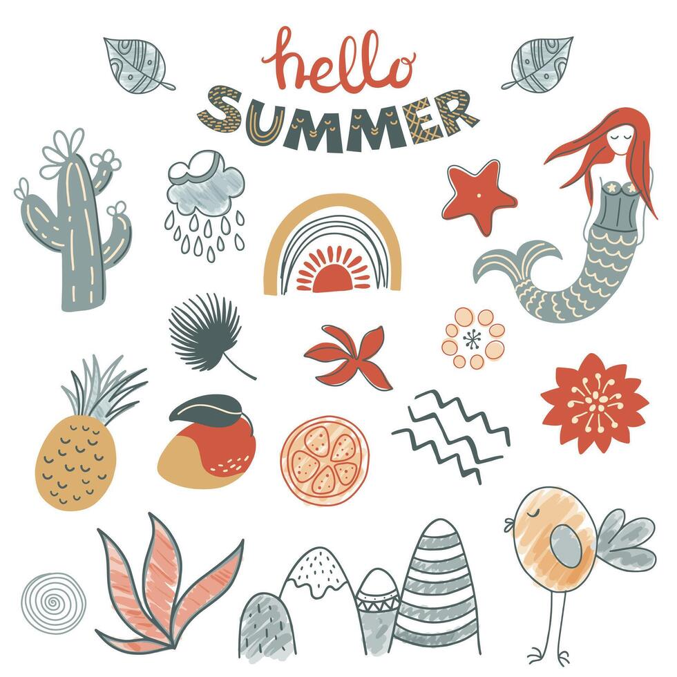 Doodle summer collection. Hand drawn illustration set of summer elements. vector