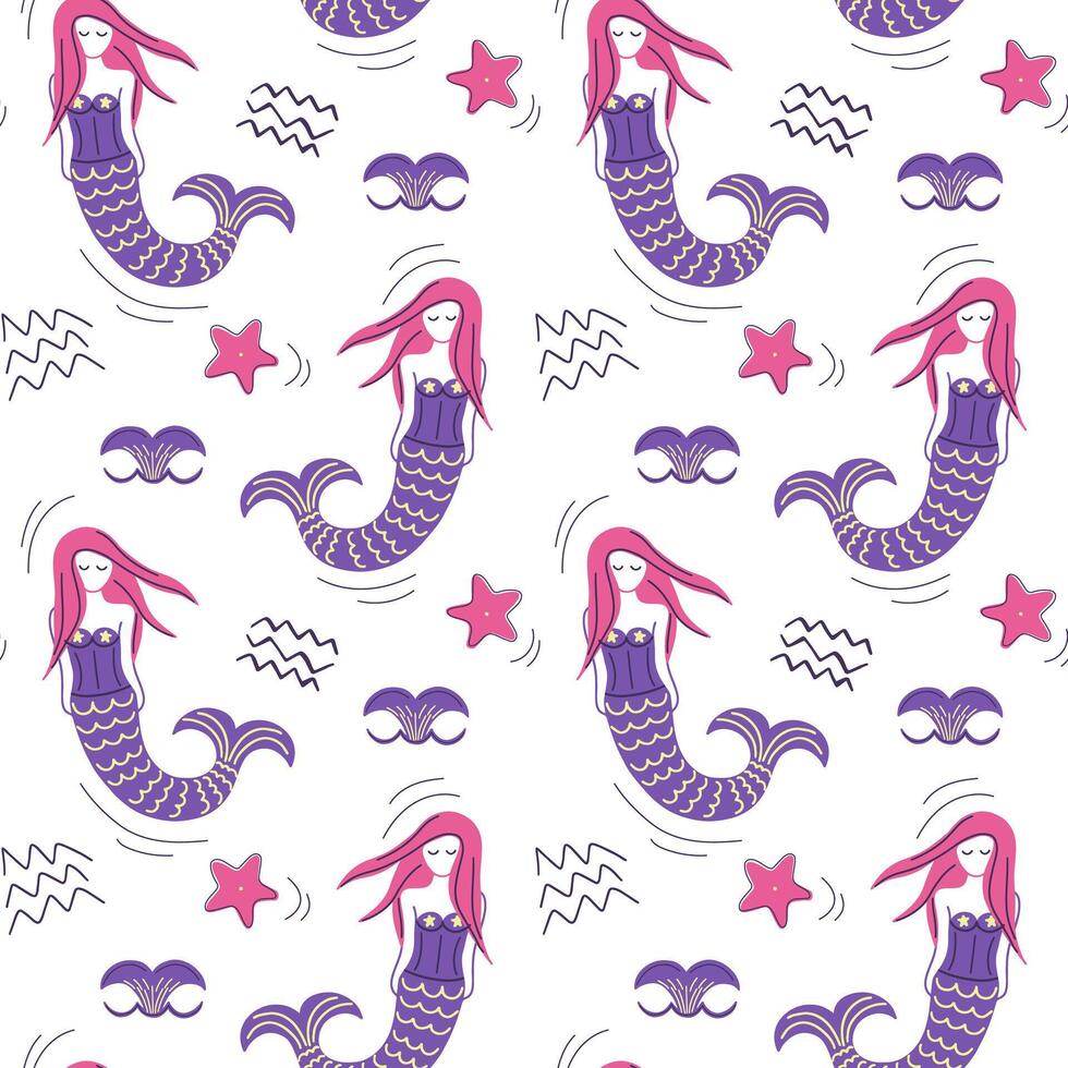 Cute simple pattern with sea doodle elements. Seamless background with sketch mermaid. vector
