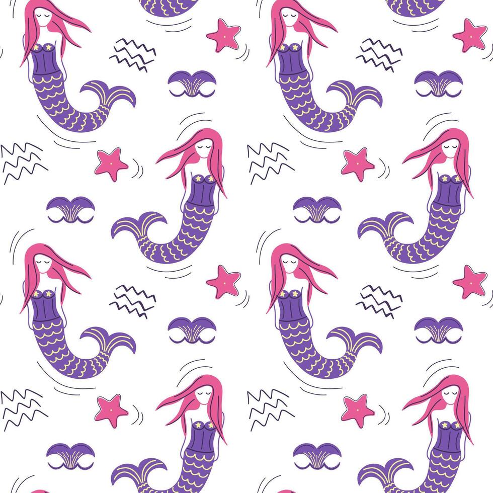 Cute simple pattern with sea doodle elements. Seamless background with sketch mermaid. vector