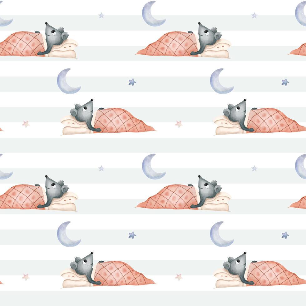 Seamless pattern with watercolor sleeping mouse. Cute childish background. Watercolor mouse wallpaper vector
