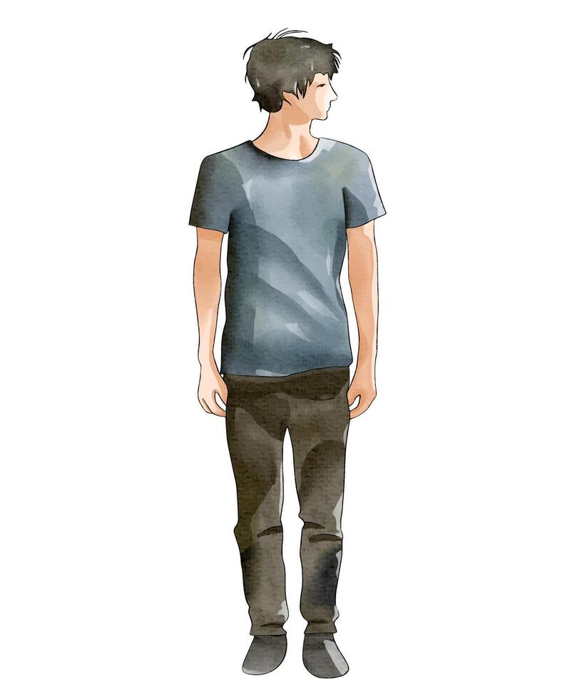 Man standing in a watercolor style. Young pretty guy watercolor sketch. illustration vector