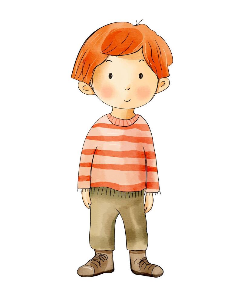 Watercolor boy with red hair. Watercolor child standing at full height. Cute baby boy vector