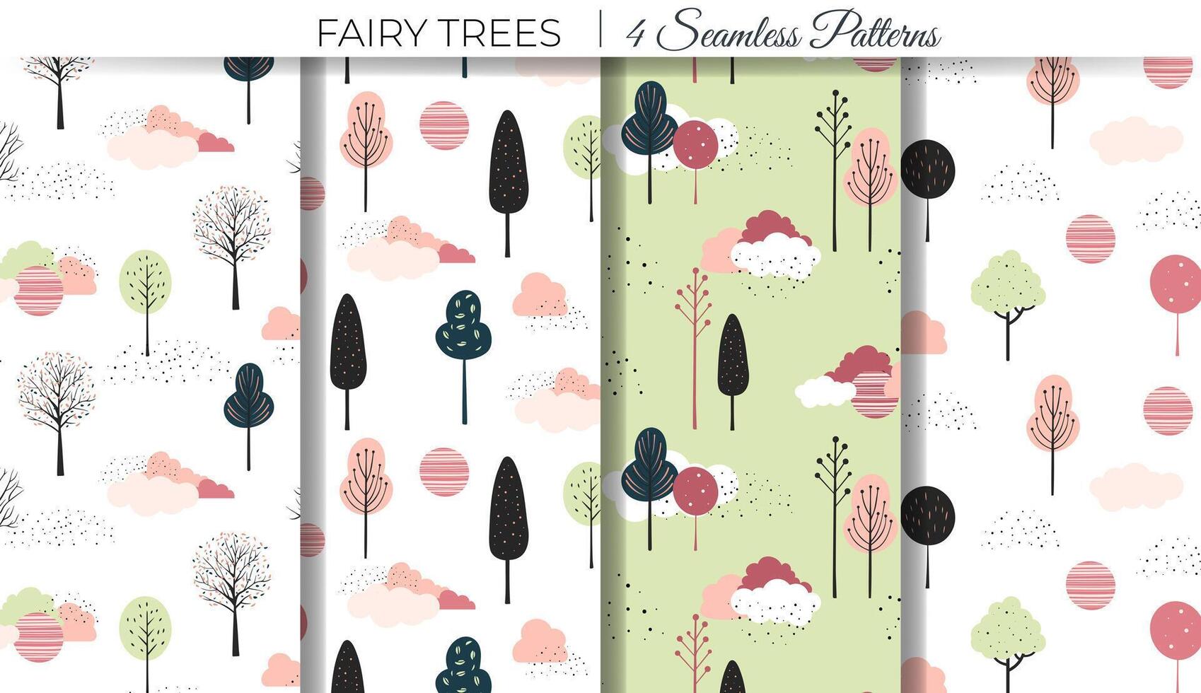 Set of cute fantasy seamless patterns. Spring trees pattern. Childish comic backgrounds. vector