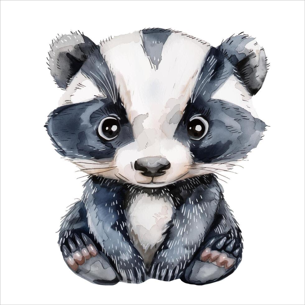 Cute badger cartoon in watercolor painting style. Watercolor baby badger vector