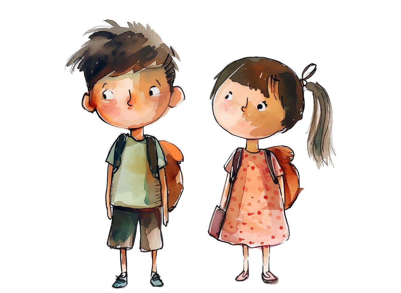 Set of watercolor children in full growth. girl and boy schoolchildren vector