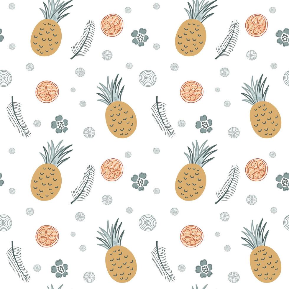 Seamless background with pineapple and orange. Cute simple pattern with tropical doodle fruits. vector