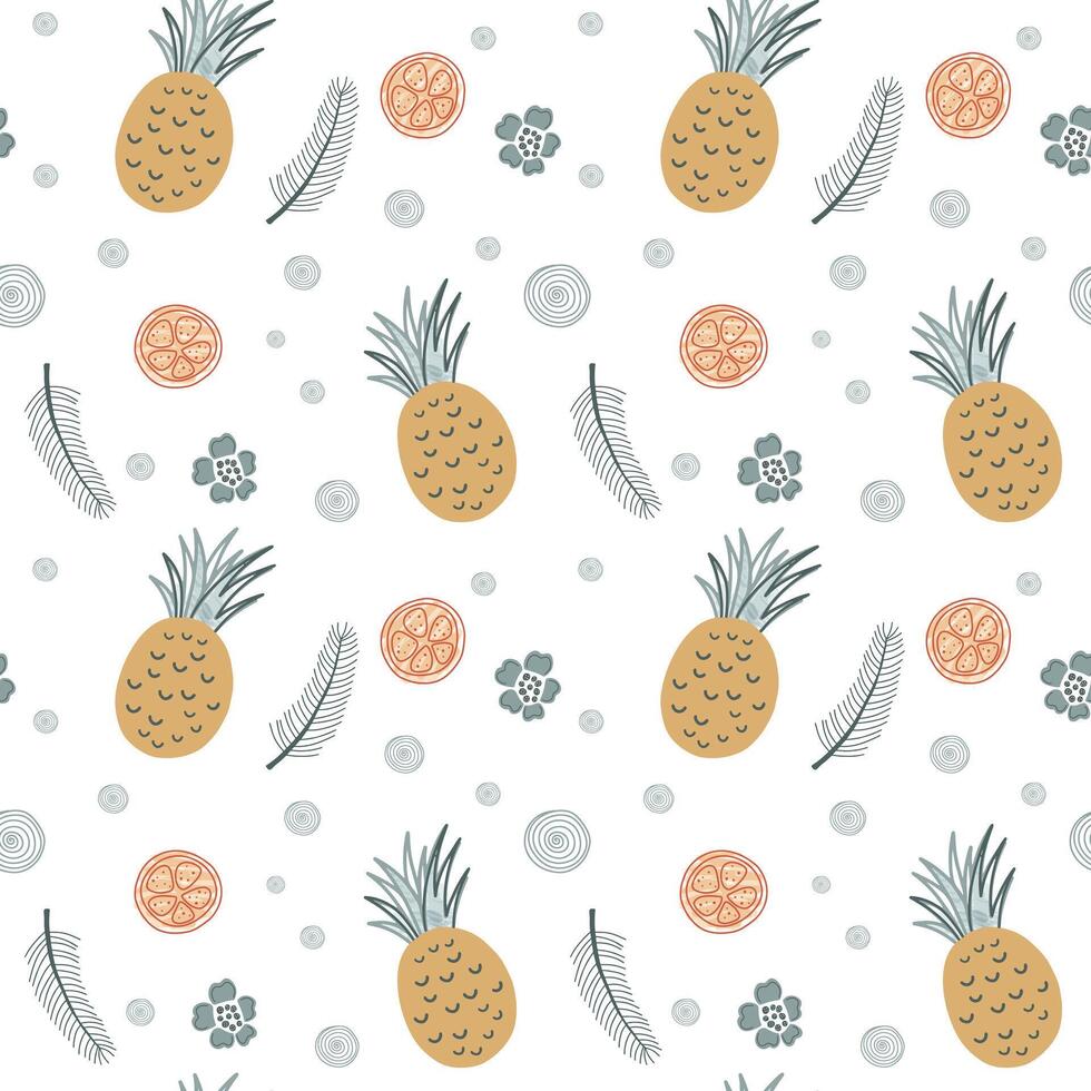 Seamless background with pineapple and orange. Cute simple pattern with tropical doodle fruits. vector