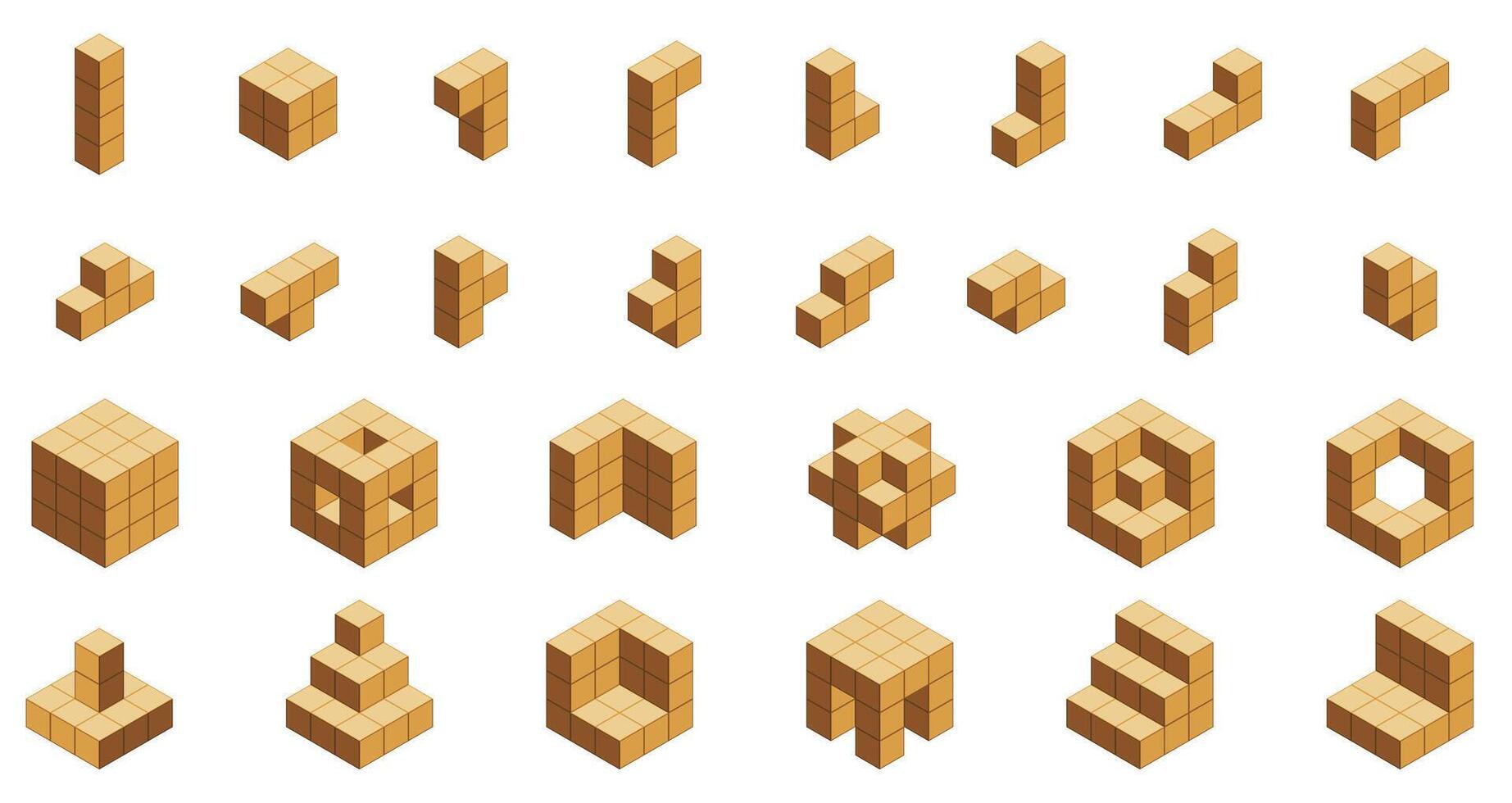 Isometric wooden cubes. Geometric wooden blocks of different shapes, wooden 3D squares for children education and entertainment. isolated set vector