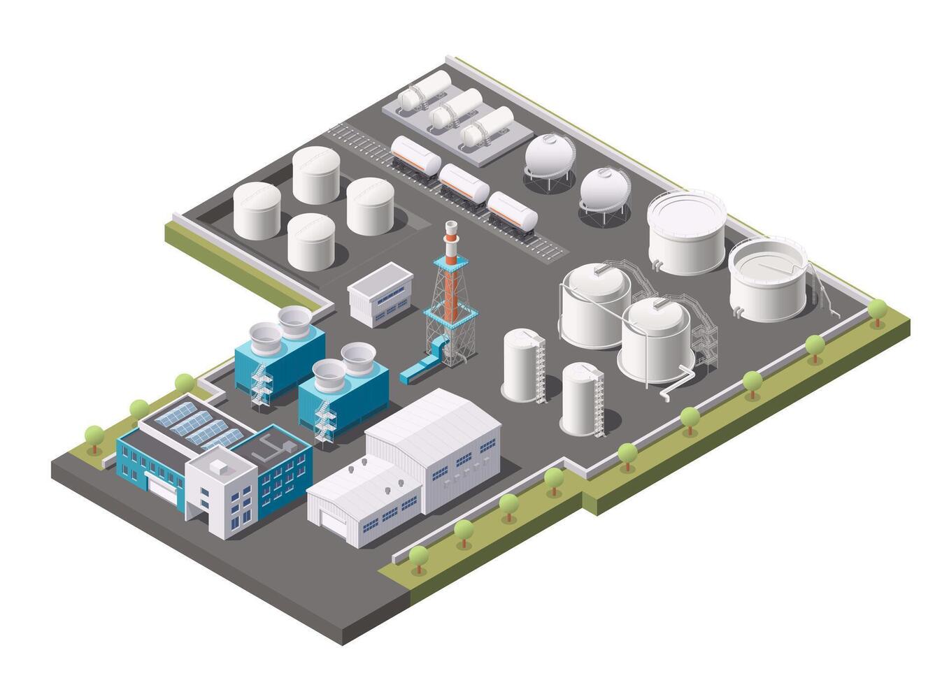 fábrica edificios isométrica concepto. petróleo industria petróleo refinería planta con químico equipo, tubería y almacenamiento tanques ilustración vector