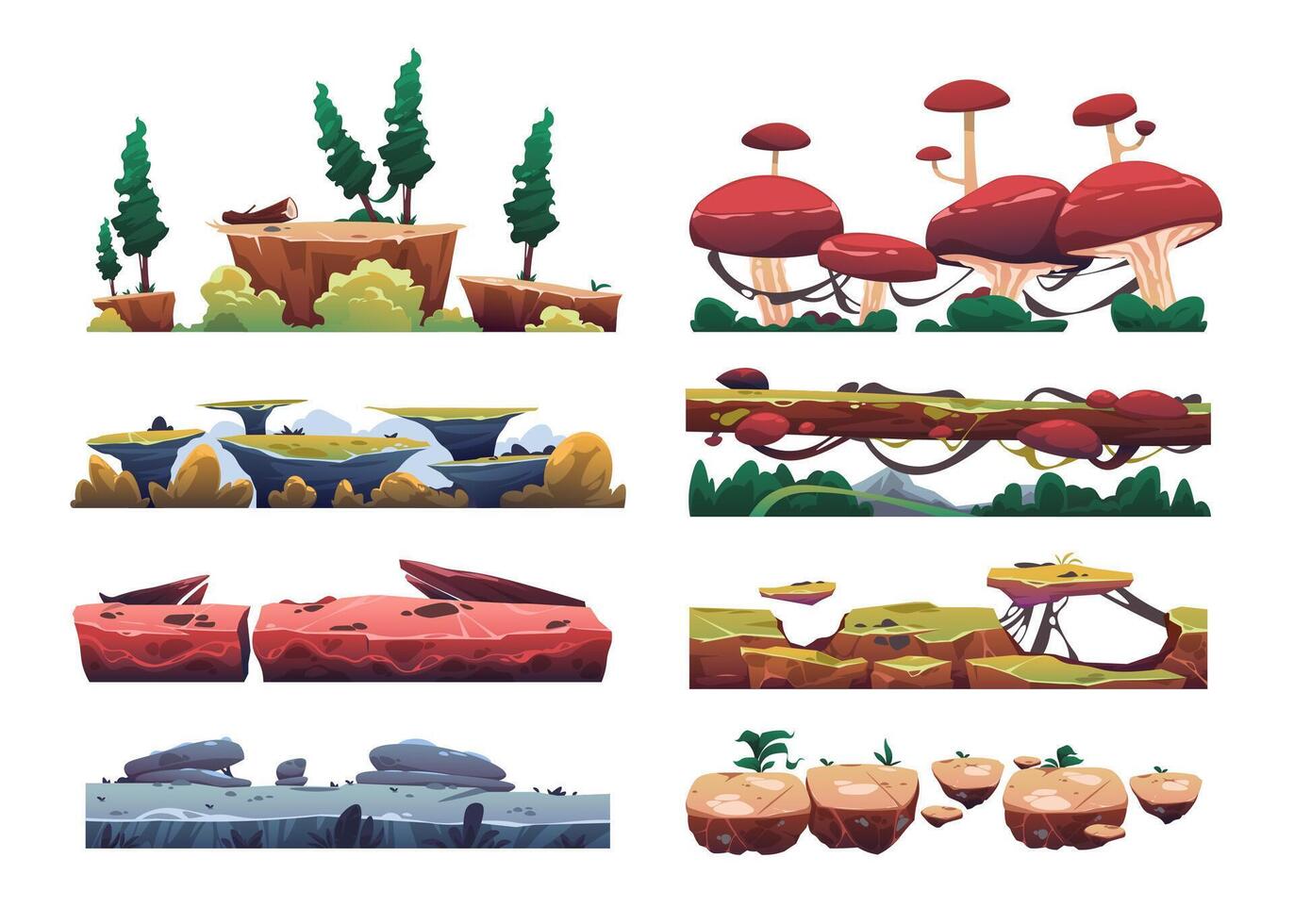 Cartoon game level surface. Ground and floor asset for game UI, sand, grass, dirt, swamp, lava, stone, ice, snow, water. environment asset vector