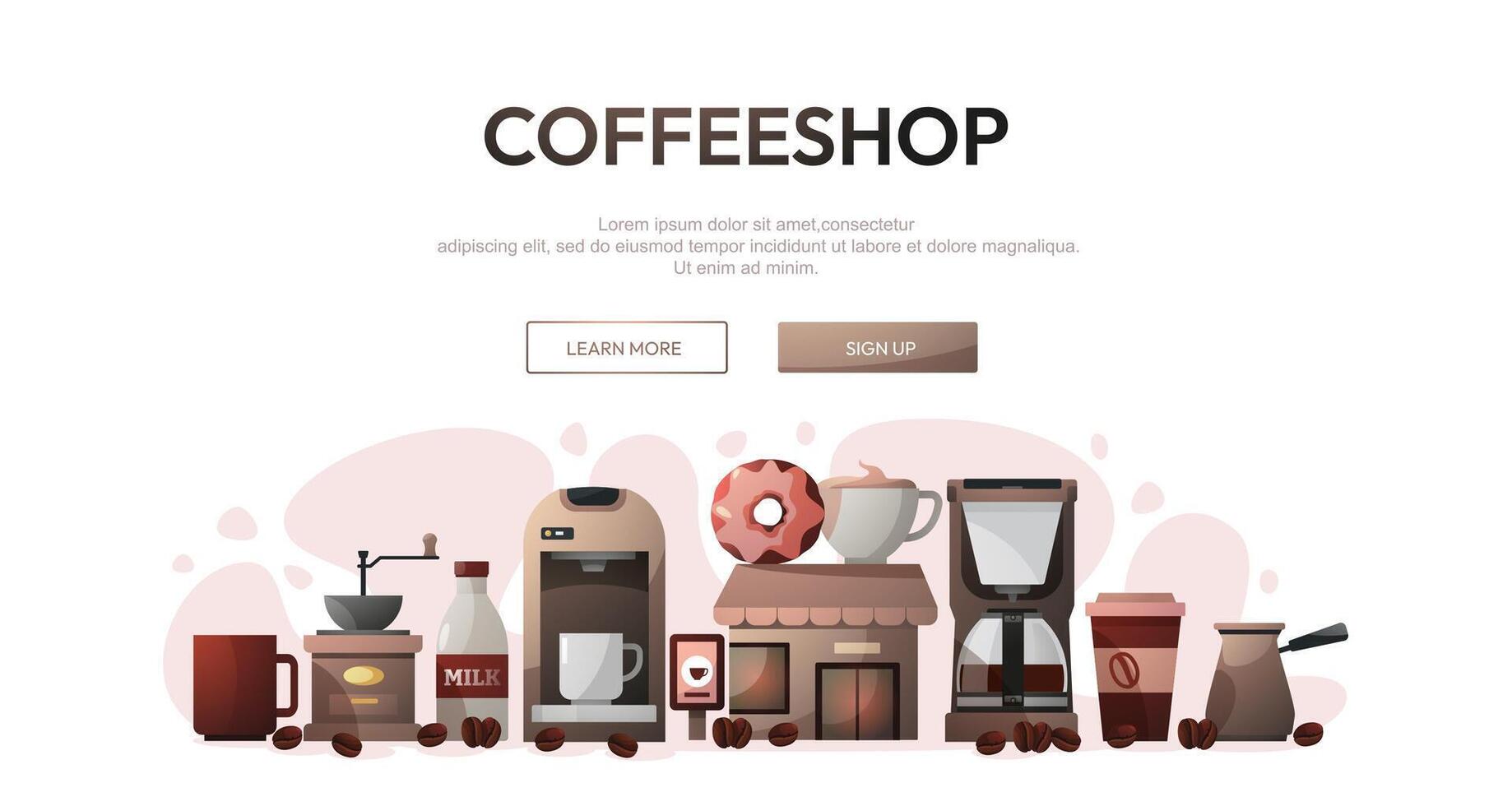 Coffee webpage concept. Modern web banner with coffee shop cafe elements, website template with coffee cup and grinder. illustration vector