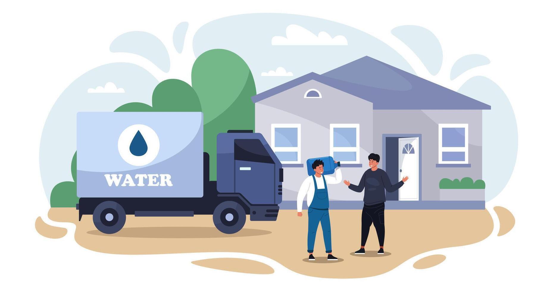 Water delivery concept. Cartoon characters with mineral water bottle and tank, online delivery service of clean drink. isolated illustration vector