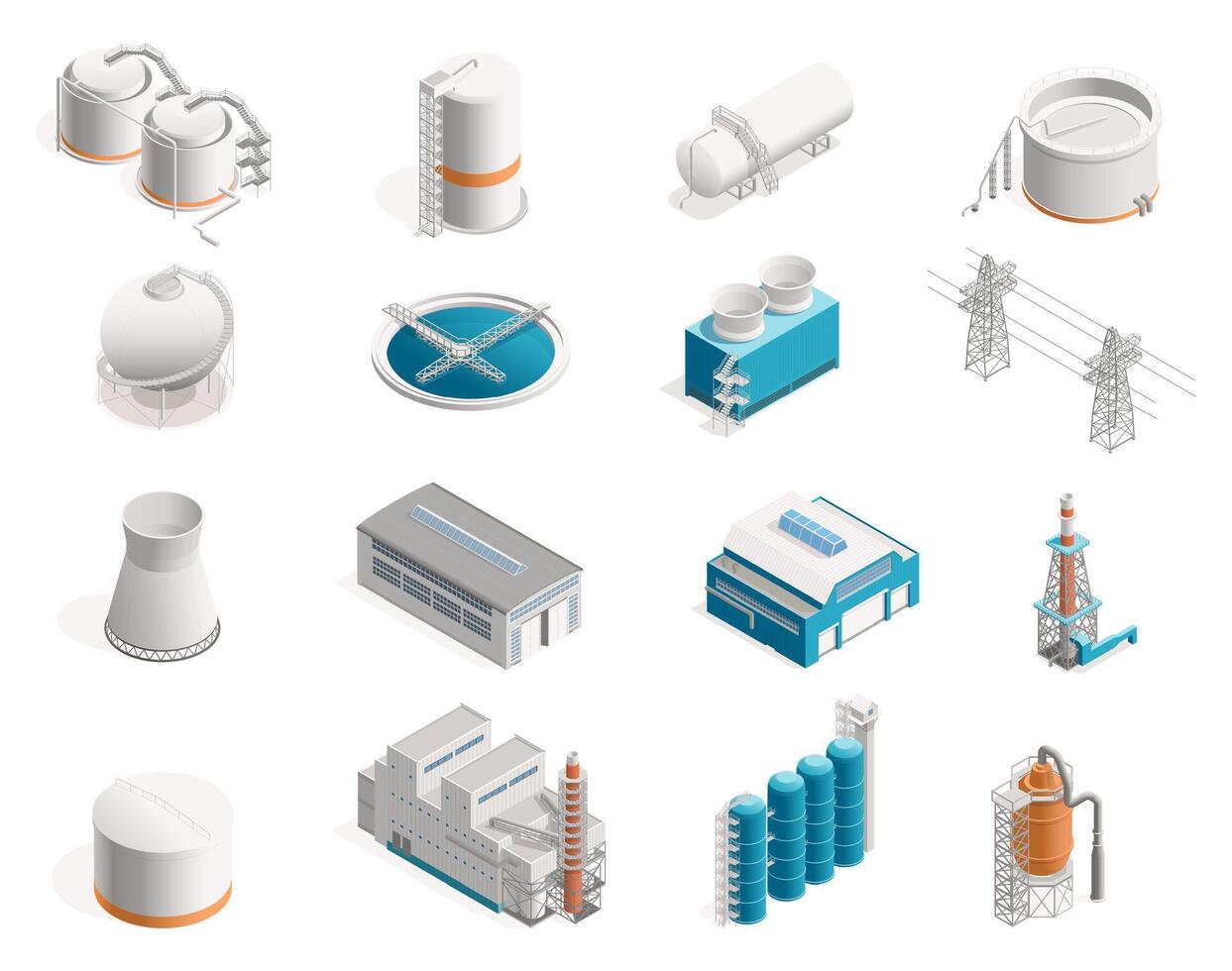 isométrica fábricas. industrial edificios con producción y depósito, industrial inmuebles con petróleo refinería y molino. conjunto vector