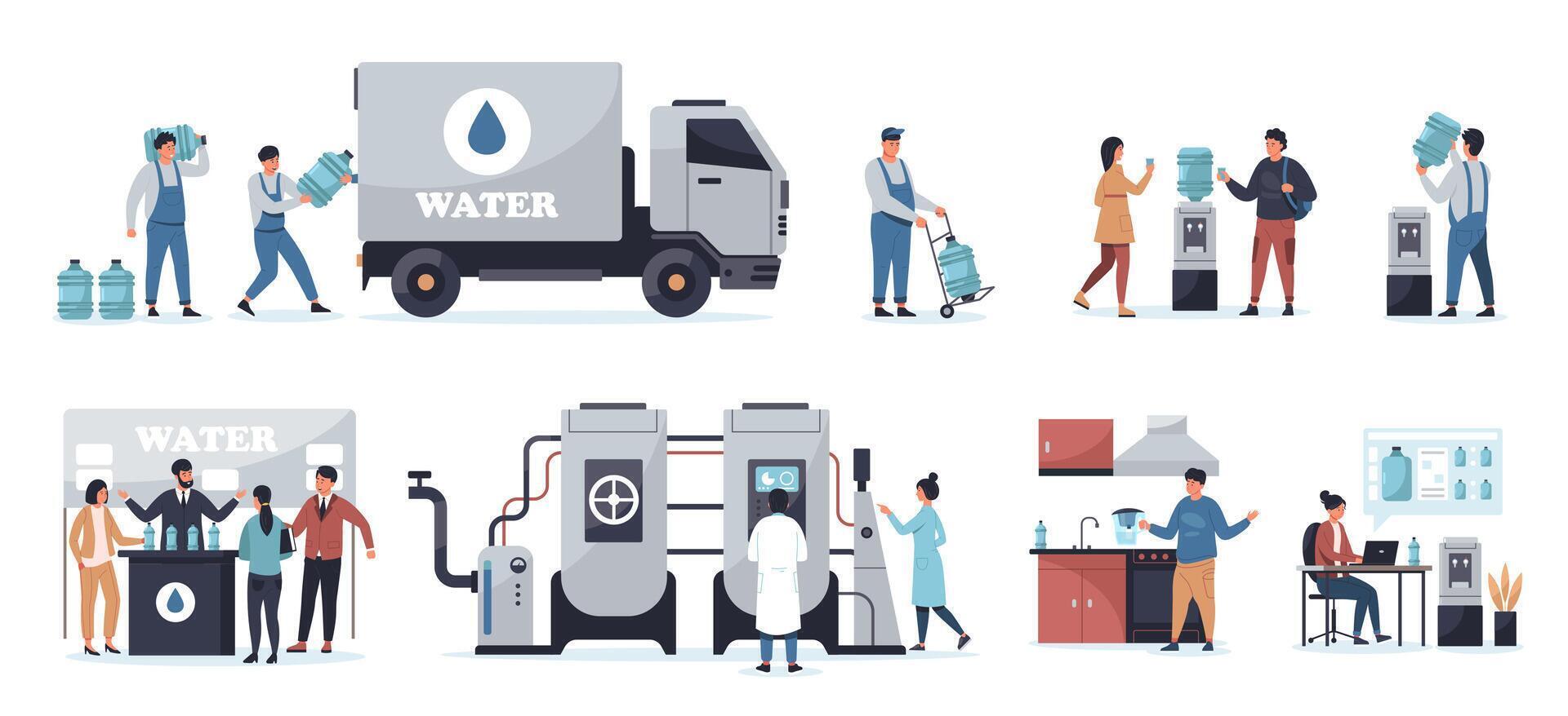 agua entrega servicio. dibujos animados hombre con el plastico botella, camioneta y camión con barriles, agua distribución y transporte concepto. conjunto vector