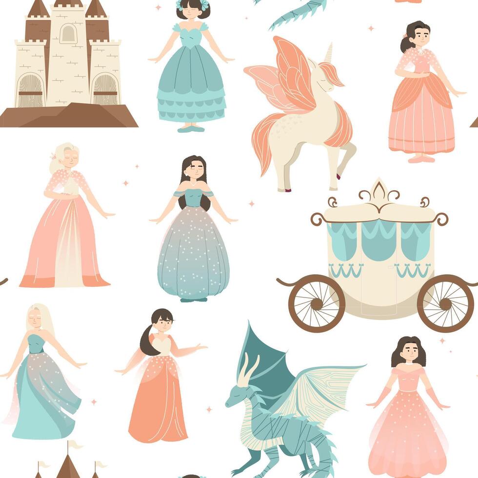 Childish princess pattern. Cute fairy tale seamless print with princess castle, carriage, unicorn, crown and magic wand. texture vector