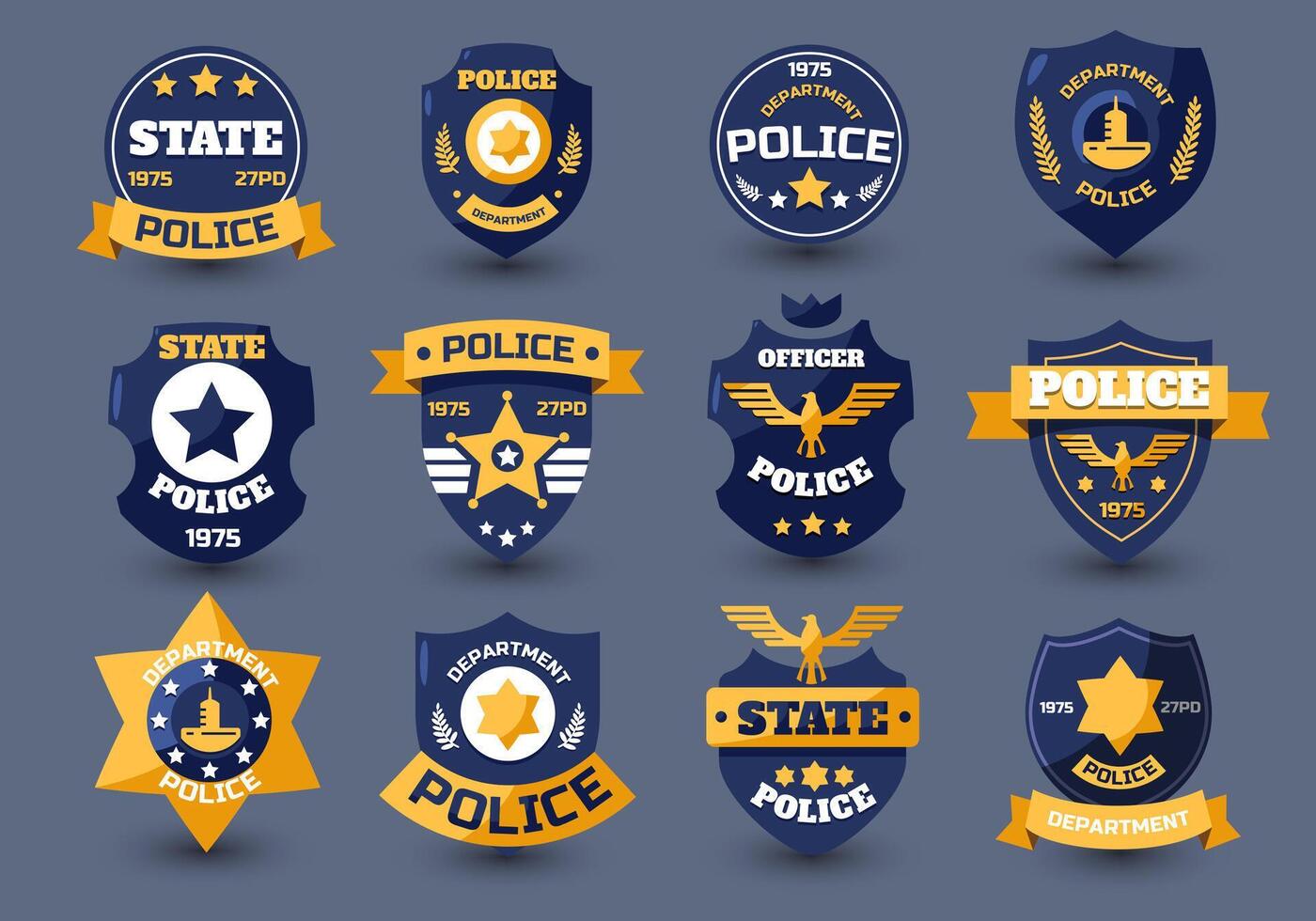 Police officer seal. Policeman badges and sheriff emblems with star and shield, law enforcement insignia flat style. collection vector