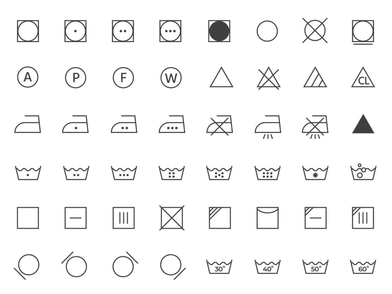 Laundry instruction line icons. Washing and cleaning symbols, clothes care instruction, textile cleaning guideline flat style. isolated set vector