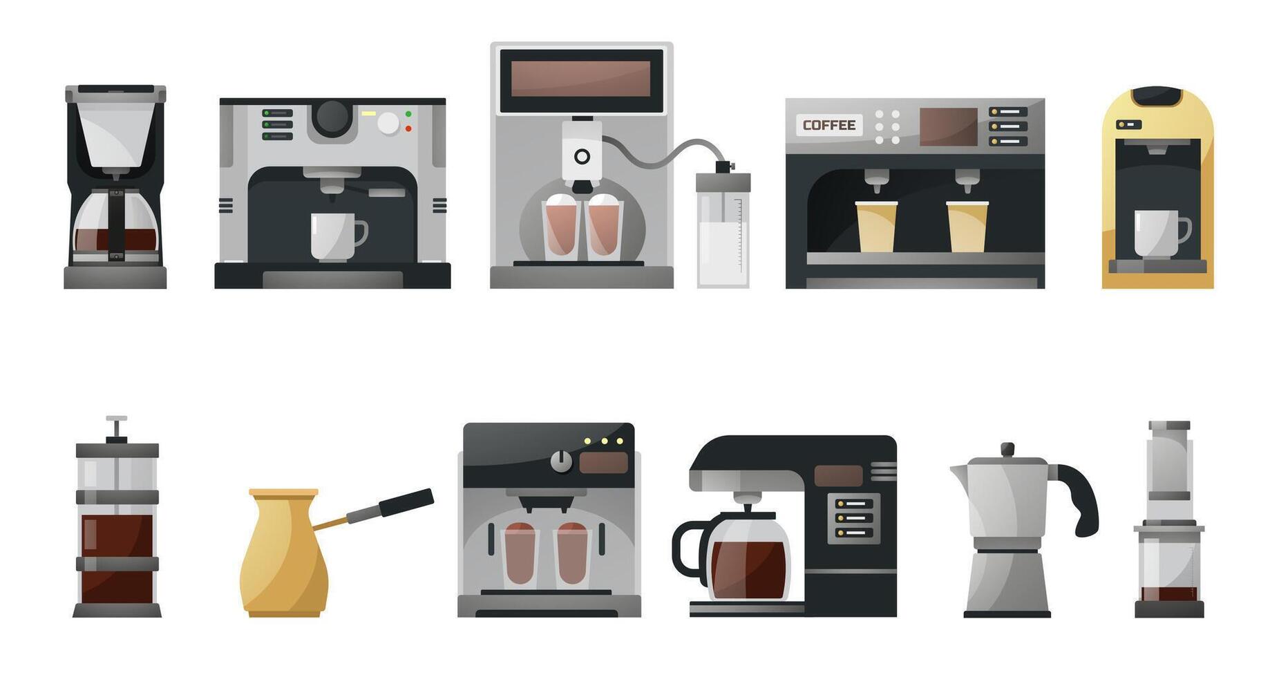 Espresso coffee machines. Vintage automatic and manual coffee makers, french press, moka, turkish cezve, grinder and kettle. isolated set vector