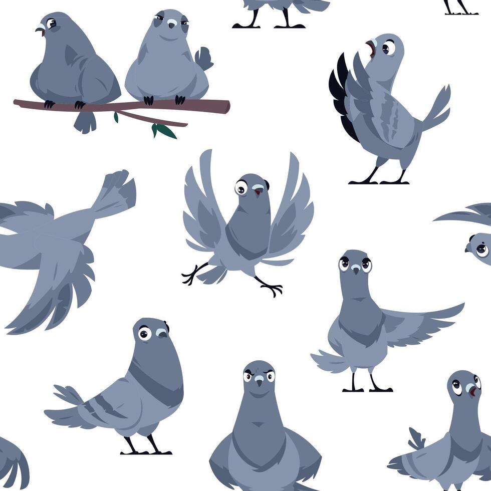 Cartoon pigeon pattern. Seamless print of cute birds in different poses and actions, domestic and wild white and gray dove. texture vector