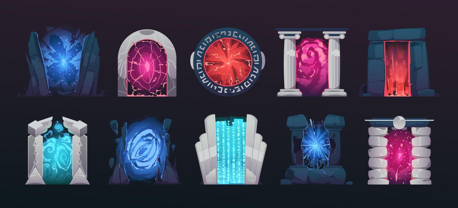 dibujos animados juego portal. magia vórtice túnel arco marco, fantasía hada Entrada y salida forma, fantasía aventuras juego activo. aislado conjunto vector