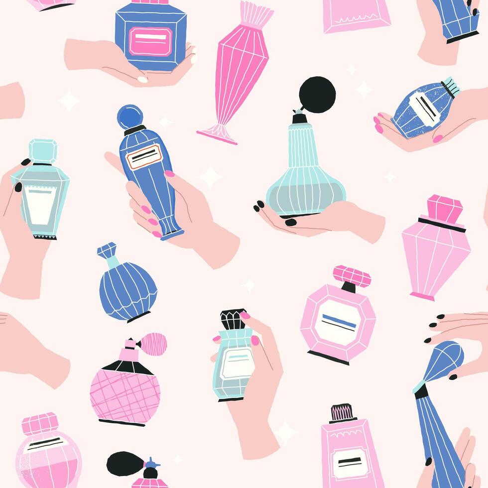 Cartoon perfume pattern. Abstract grungy doodle bottles and flasks with aroma liquid, feminine cosmetic packaging design. texture vector