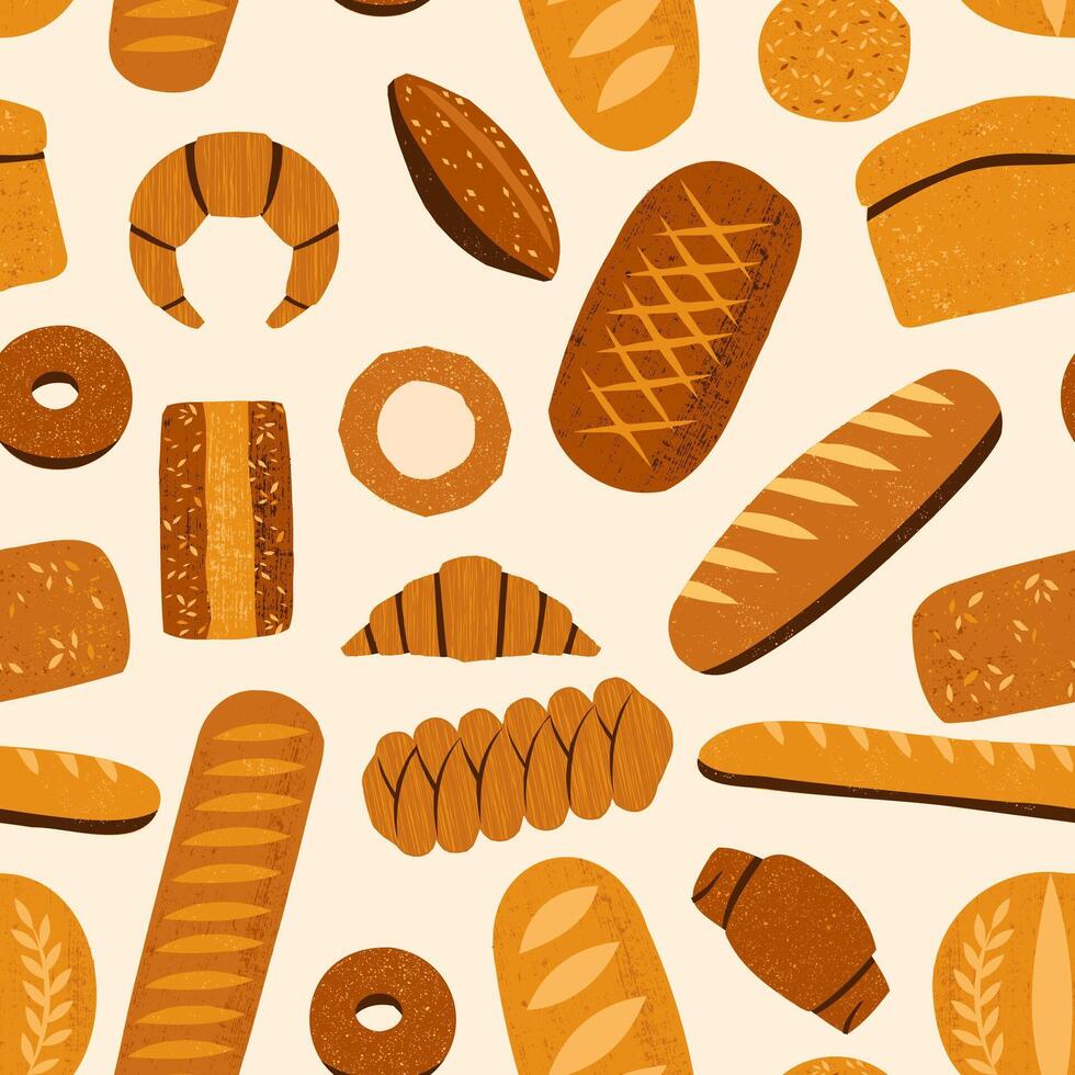 un pan modelo. sin costura impresión de panadería productos con baguettes croissants Bagels pretzels, dibujos animados Fresco horneado alimento. textura vector